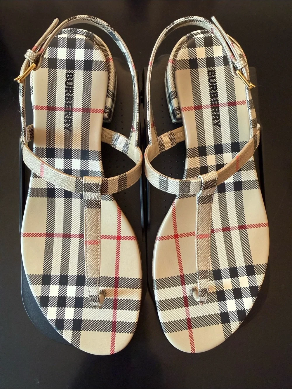 Burberry Beige Plaid T-strap Sandals - Picture 7 of 11